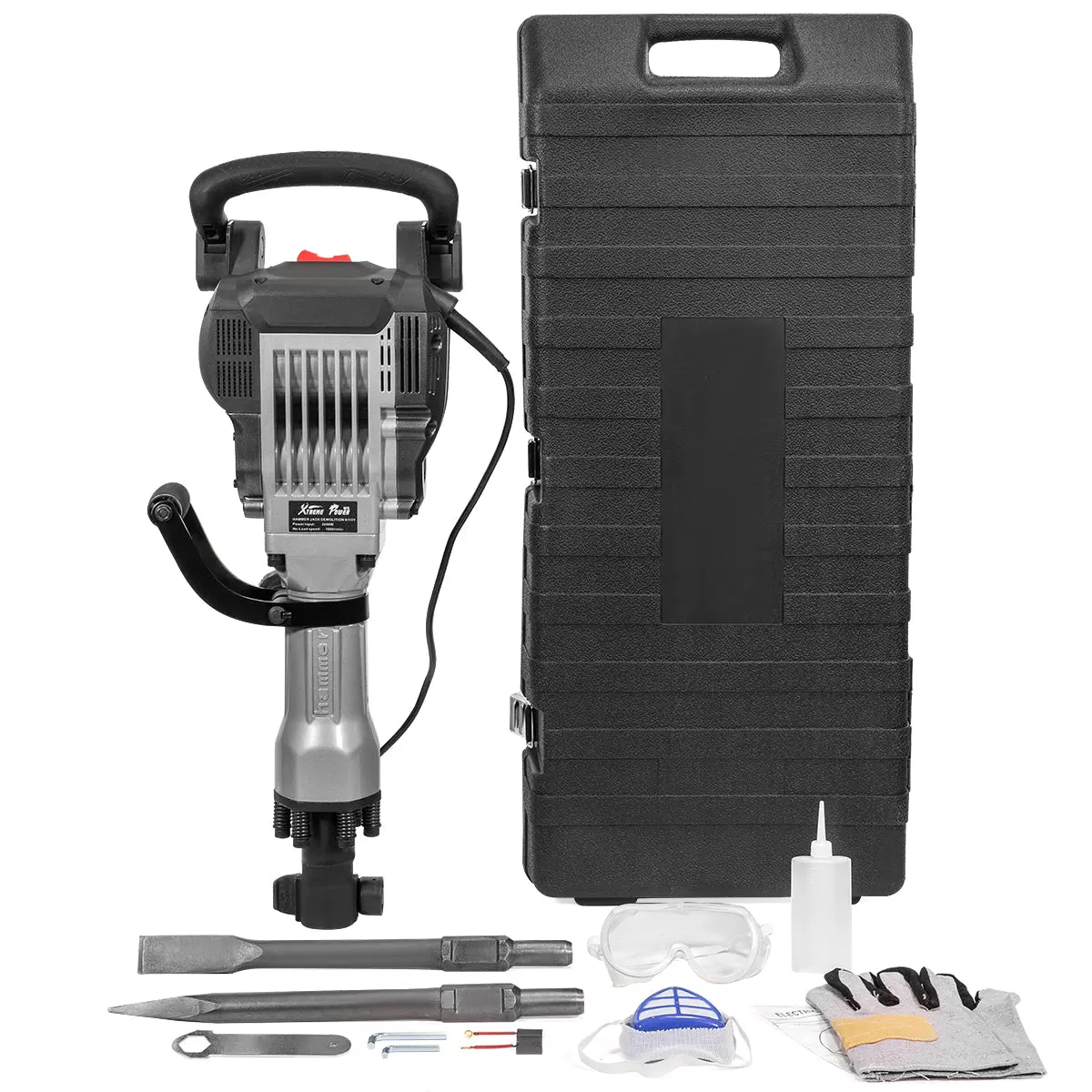 XtremepowerUS 3600W Model Electric Jack Hammer - 3600W 110V/60Hz Demolition Concrete Breaker for Home Renovations, Chisels Set (16" Bull Point Chisel, Oil Bottle, No Protective Mask/Additional Accessories), Masonry, Chipping, Heavy-Duty Drilling Power