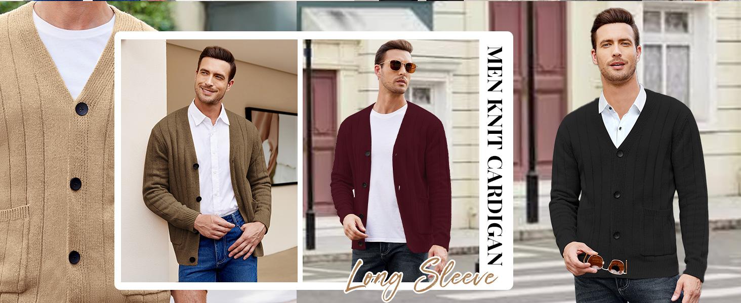 Coofandy Men's Long-Sleeve Cable Knit V-Neck Button-Up Cardigan Top with Pockets, Ribbed Hem, Soft Fabric - Casual, Office Wear, Gift Idea for Small-Sized Men