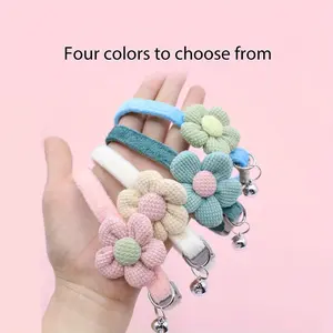 Winter Velvet Cat Collar with Knitted Flowers and Bells Soft Comfortable Adjustable 3D Floral Design for Small Dogs and Cats Four Colors Available