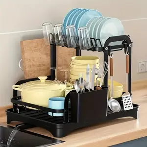Stainless Steel Large 2-Tier Oversink Drying Rack - Kitchen Countertop Sink Shelf with Drain Board, Utensil&Cup Holders, Cutting Board Organizer, Space-Saving Dish Drainer for Home Storage