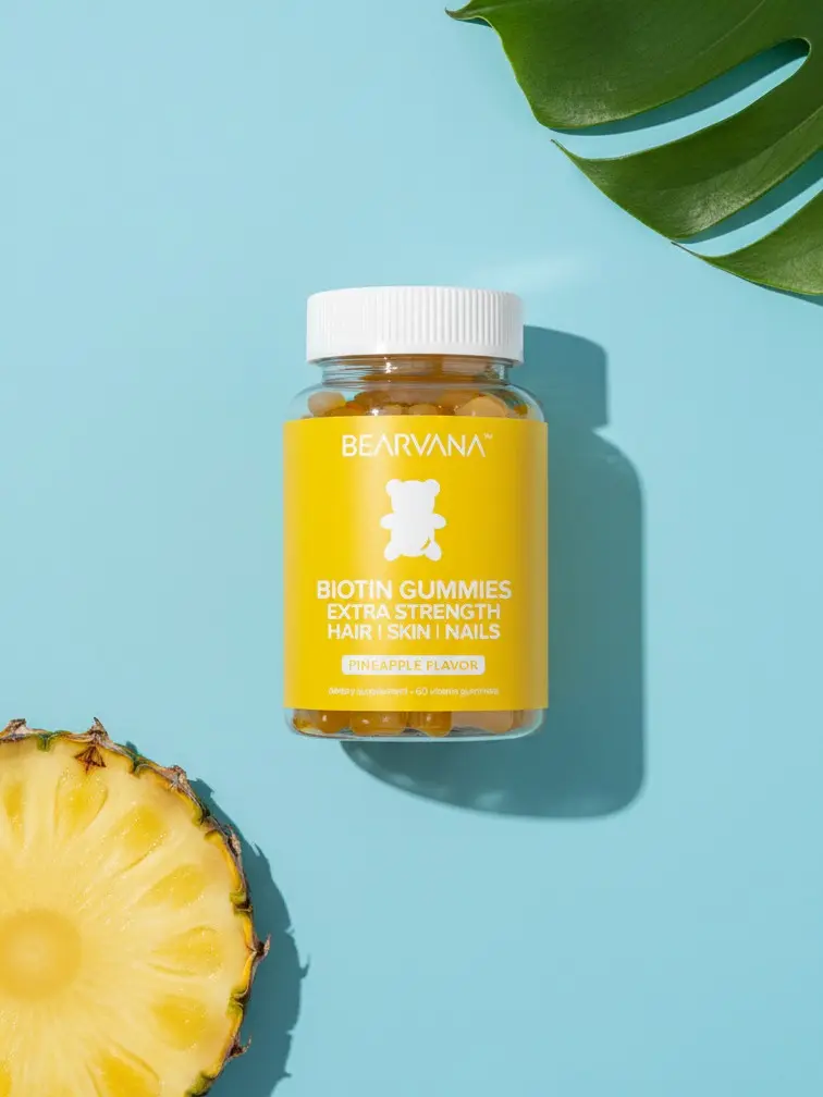 BEARVANA Biotin Gummies | Hair, Skin & Nails | Vitamins C, E, B6 & B12 | Pineapple Flavor | One Month Supply | 60 Gummies