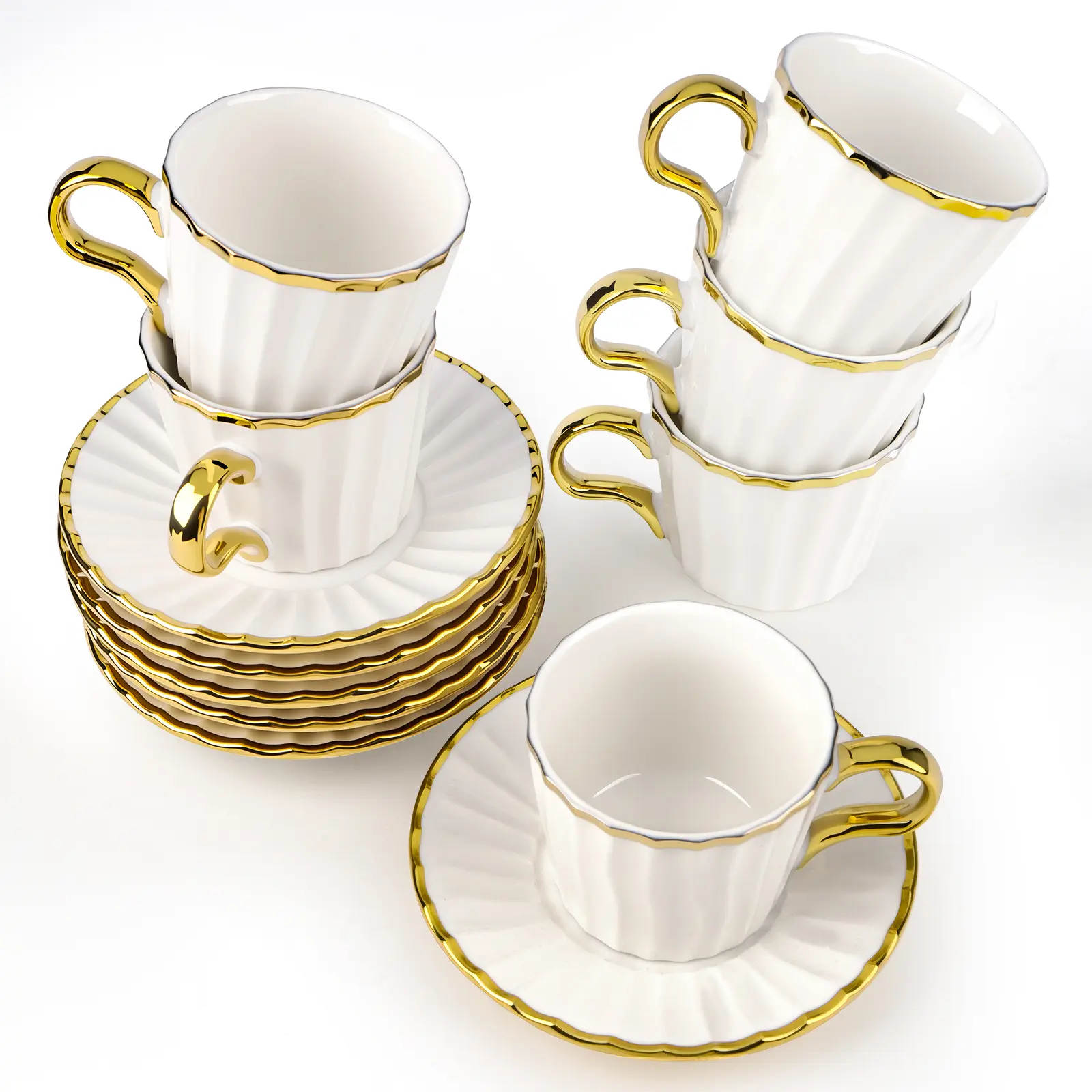 Modern Gold-Rimmed Ceramic 3.2oz (100 ml) Ottoman Espresso Coffee Cups and Saucers Set of 6, Heat Retention Single Serve Drinkware, Thoughtful Gift for Loved Ones (Turkish Coffee Use)