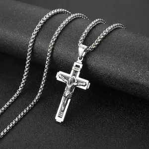 Jesus Christ on INRI Crucifix Cross Large Pendant Necklace for Teens Womens Mens with 24 Inch Stainless Steel Chain Jewelry Gift