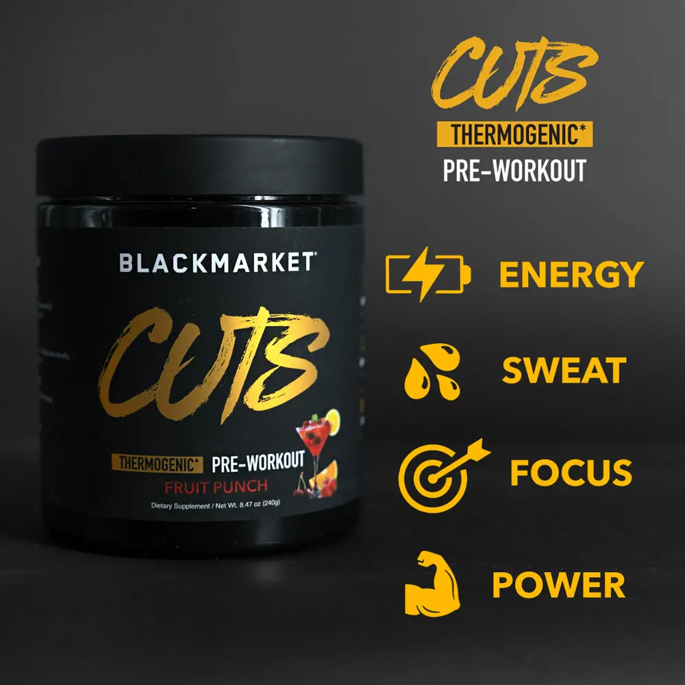 BLACKMARKET LABS CUTS Thermogenic Pre-Workout 30 Servings Aesthetic Defined Confident Energy Sweat Focus Power