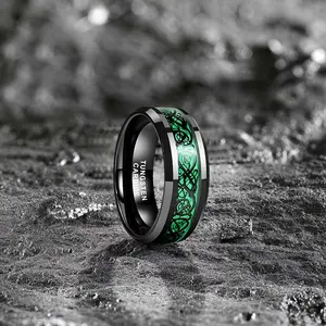 "Mens 8mm Black Tungsten Wedding Band with Green Celtic Dragon Inlay Scratch Resistant Comfort Fit Durable Yonifu Mythical Promise Ring Gift for Him"