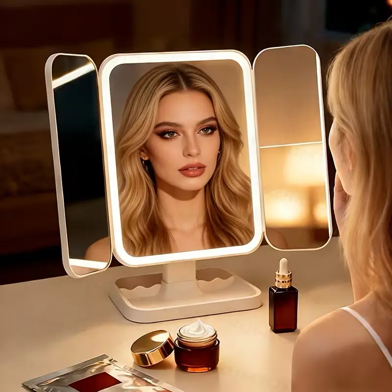 Adjustable lighting Portable LED Light Makeup Mirror, VanityMirror with Lights, 3-fold Foldable Rechargeable Mirror with 2x 3x & 10xMagnification, Touch Control Mirror for Travel& Bedroom Use, Rechargeable Trifold Mirror