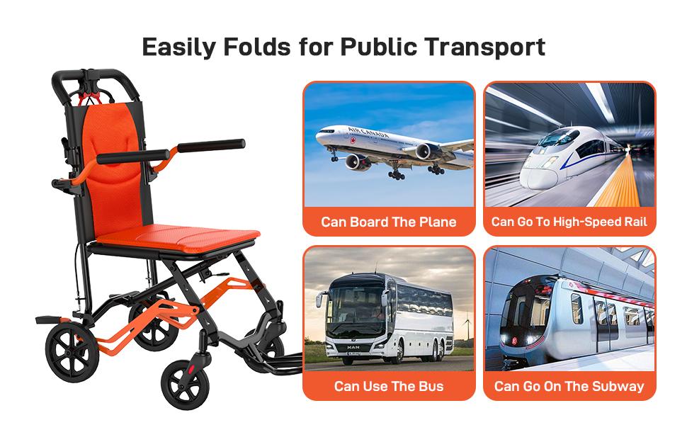 【GARVEE】Portable Lightweight Folding Transport Chair with Locking Handbrake, Removable Flip Armrests, Aluminum Alloy Frame, Swinging Footrests, Supports 220 lbs, Ideal for Indoor & Outdoor Use