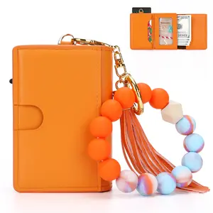 Women's Boho Style Leather Wallet Keychain with Beaded & Tassel Decoration 6-9 Cards Smaller Portable Elegant Gift
