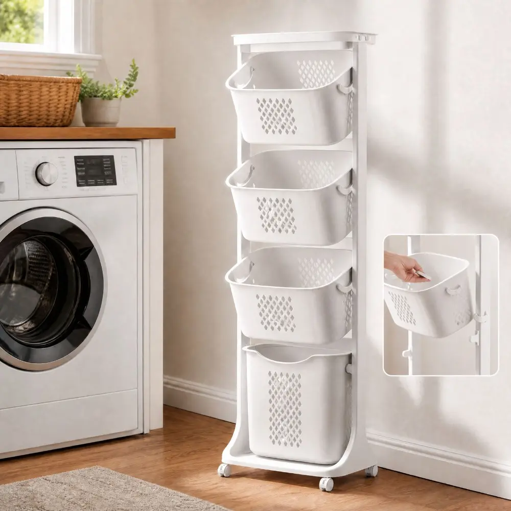 Littleox 4-Tier Rolling Laundry Sorter Cart | Detachable Laundry Baskets with Wheels, White Dirty Clothes Storage Organizer for Bathroom & Bedroom