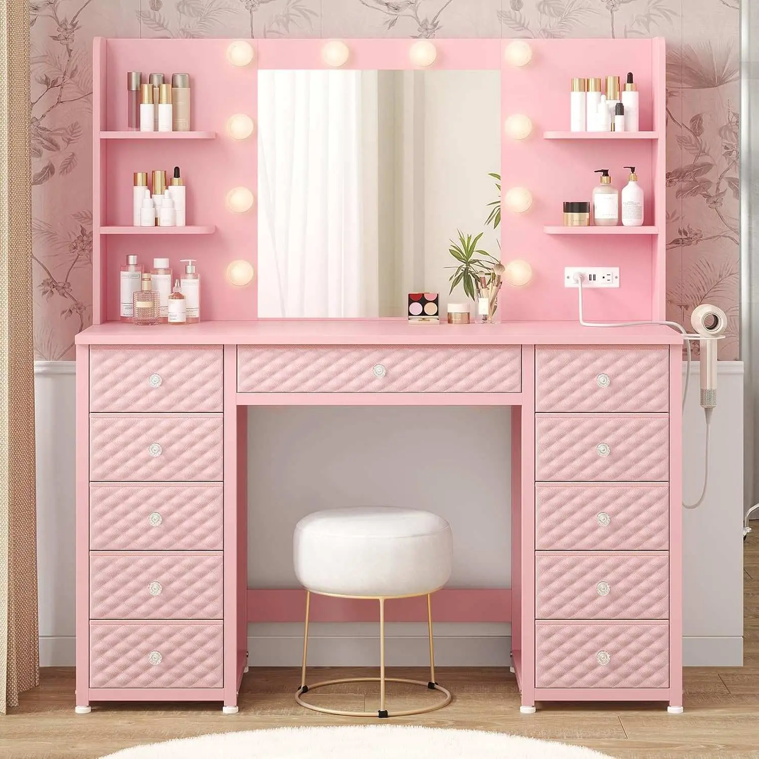 SIKAIC Pink LED Makeup Vanity with Mirror and 11 Drawers, Makeup Desk with Charging Station and Large Storage