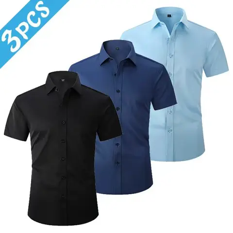 Men’s 3-Pack Short-Sleeve Button Dress Shirts - Cool Dry-Feel Smooth Breathable Solid Fabric, Comfortable Fit, Elegant Style, Ideal for Office, Evening, Jet Travel (Black, Navy, Light Blue Options; Pairs with Jeans, Suits, Trousers)