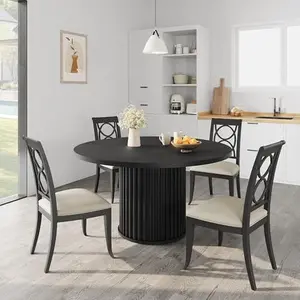 47" Round Dining Table for 4-6 – Industrial Kitchen Table with Sturdy Waveform Metal Pedestal Base for Dining Room and Kitchen, Black