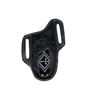 Handcrafted Tooled Leather Belt Knife Sheath – Black Western Style