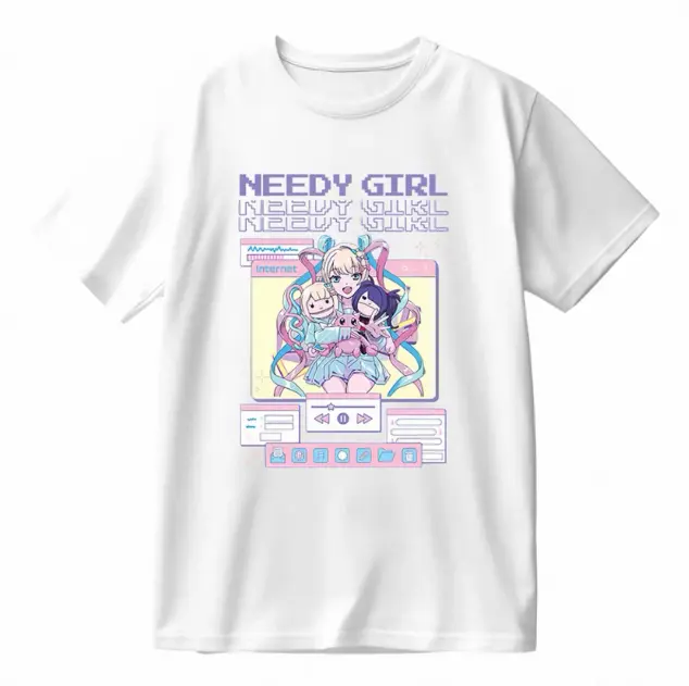 Men's Kawaii Anime "Needy Girl" Graphic T-Shirt, Casual Shortsleeve Light Round Neck Soft Top