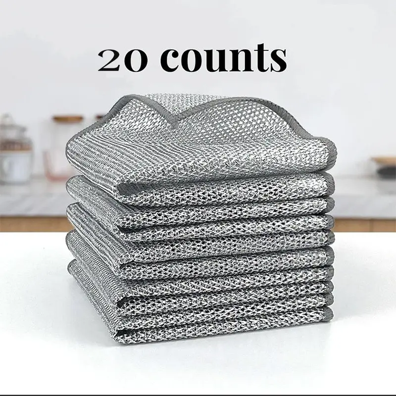 20 Counts single layer Dishwashing Rag，Multipurpose Non-Scratch Wire Dishcloths for Wet and Dry Use, Reusable Wire Cleaning Cloths for Kitchen, Sinks, and Pans Silver Removable, Washable & More