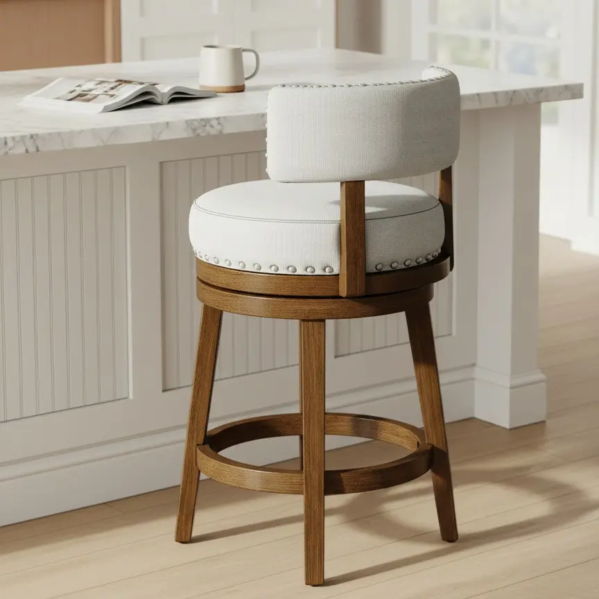 COLAMY RENO Counter Stool Set Wooden Upholstered Swiveling Vintage Dining Chair with Ergonomic Backrest 360° Swivel Rubberwood Frame 300 lbs Capacity Bar Stool