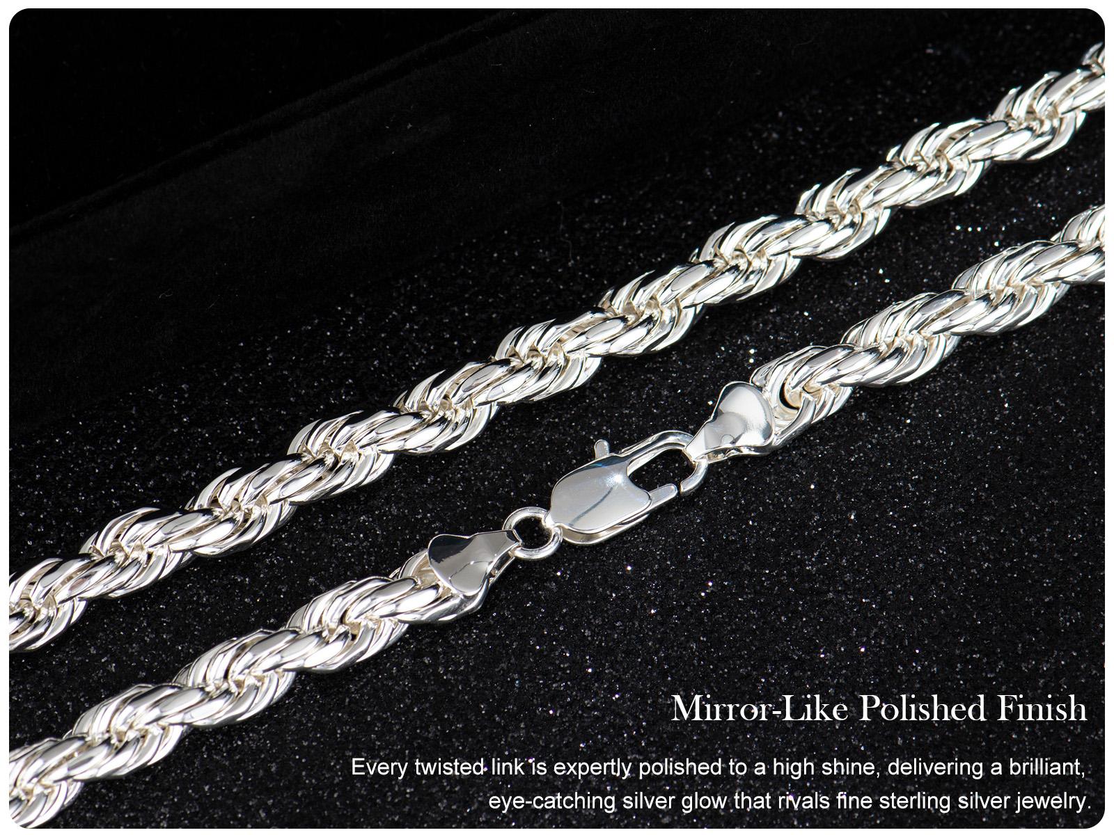 Pure Silver Plated Rope Chain ,10X Thicker Silver Coating with Nano Anti-Tarnish Layer, Hypoallergenic Flexible Soft Link Jewelry
