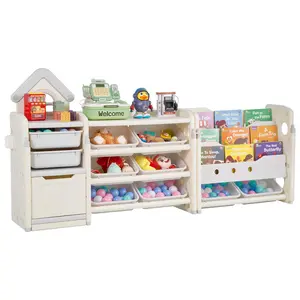VEVOR Kids Toy Storage with Bookshelf,  , 4-Tier Toy Storage Organizer with 10 Movable Plastic Bins, Kids Cubby Cabinet with Bookshelf for Study Room, Bedroom, Playroom, Classroom, Nursery, Gray + Beige