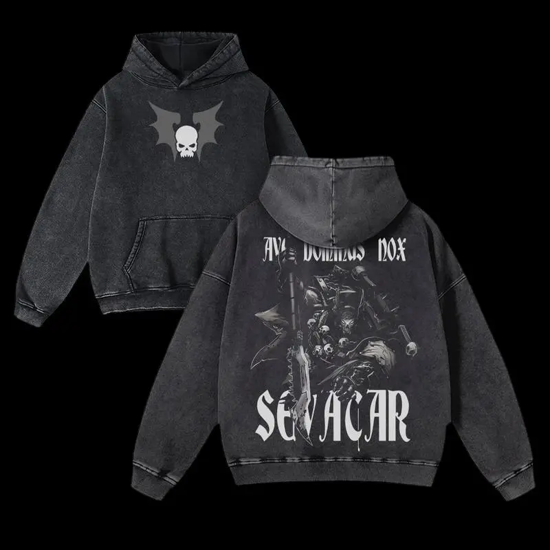 Sevatarion Night Lords Warhammer 40K Ave Dominus Nox Vintage Washed Hoodie Unisex Oversize Heavyweight Cotton Graphic Crewneck Soft Tops Natural Shade Gaming Gift