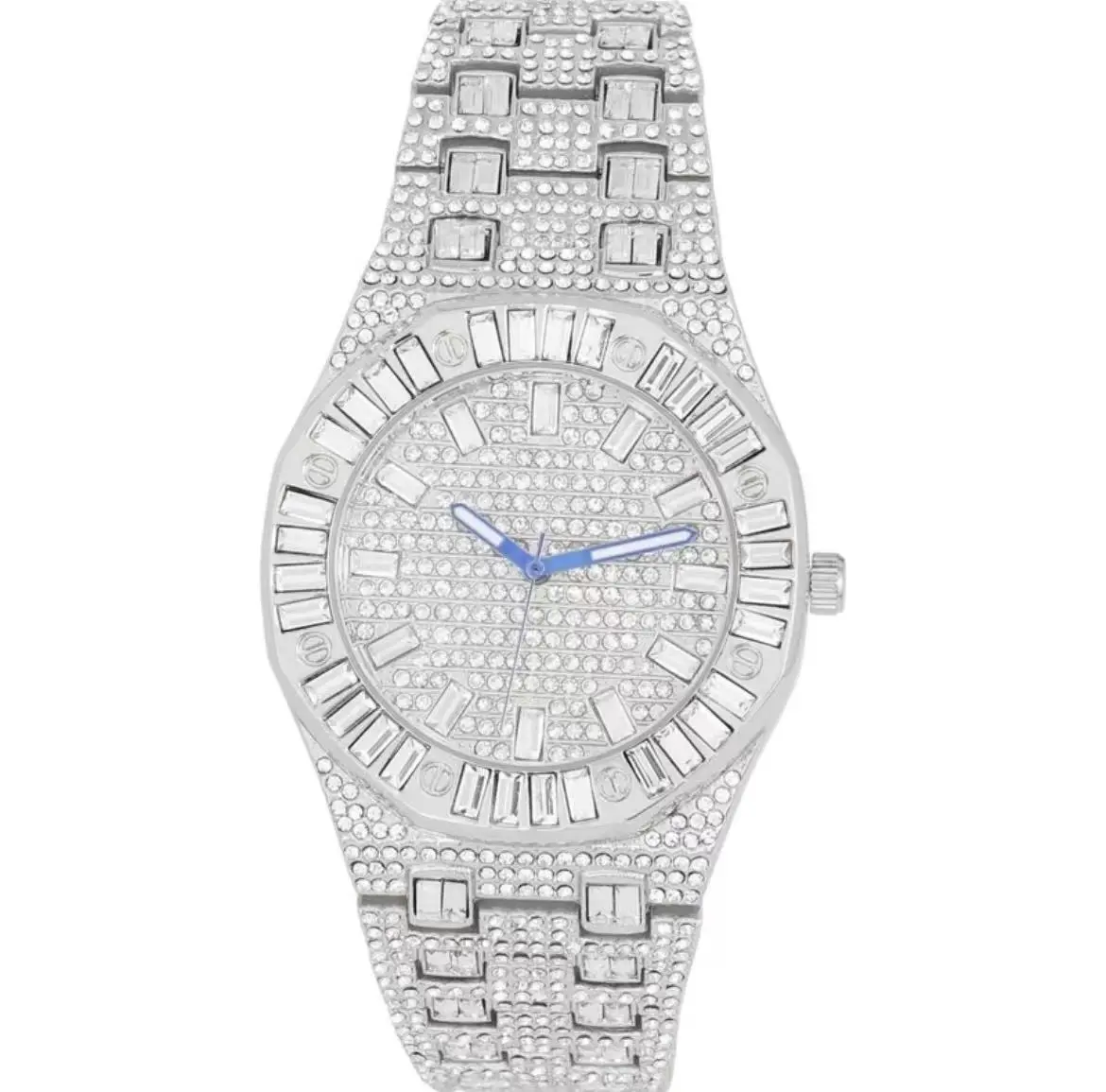 Diamond-Encrusted Watch with Silver Tone Band and Blue Hands for Men