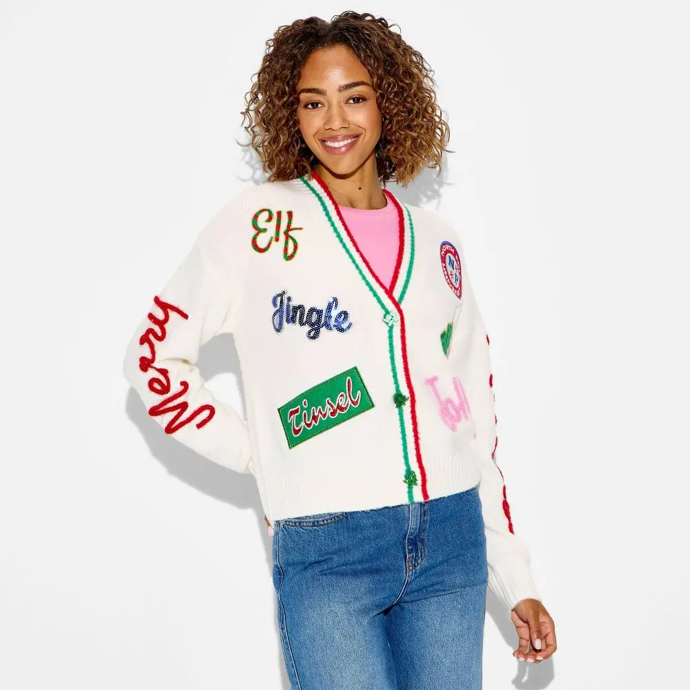 Women's Holiday Patchwork Festive Graphic Cardigan