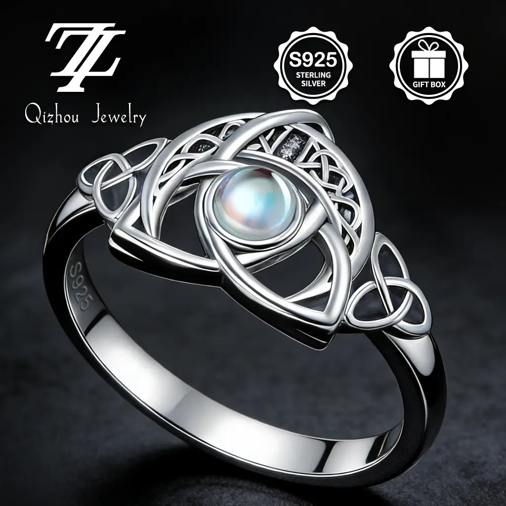 S925 Sterling Silver Celtic Knot Moonstone Ring  Dreamy Blue Glow, Gift Box Included summerwins