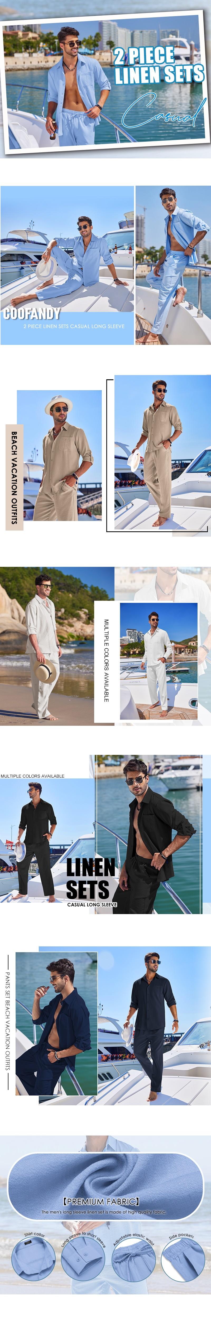 Coofandy Men's 2 Piece Sets Casual Long Sleeve Button Down Cuban Shirt & Loose Pants Set for Beach Vacation Outfits Soft Classic Linen Fabric