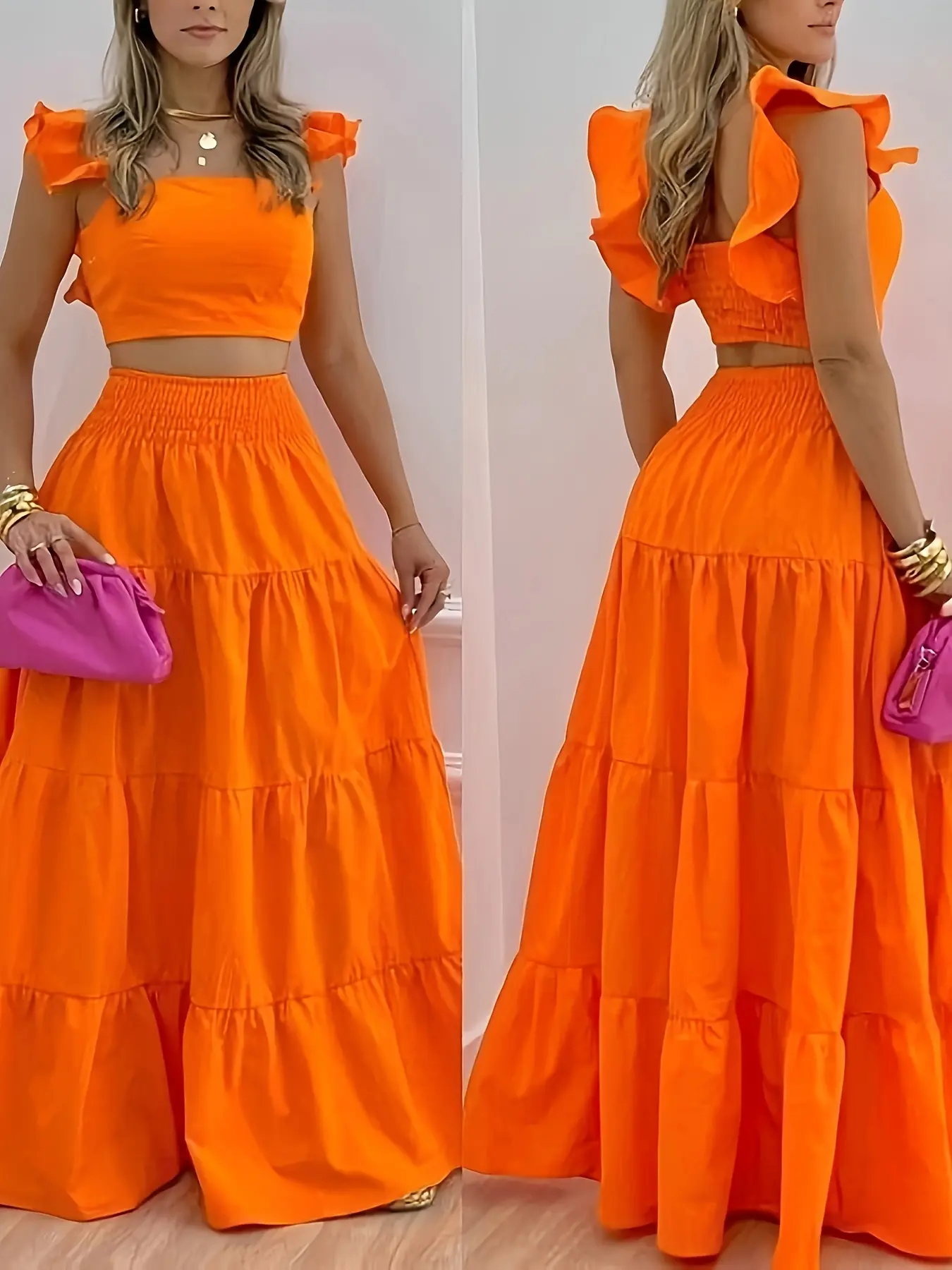 Summer Women's Two-Piece Set Matching Womenswear, Woven Casual Breathable Sleeveless Backless Top and Long Skirt, Stylish Beach Vacation for Hot Weather Matching Set Outfit