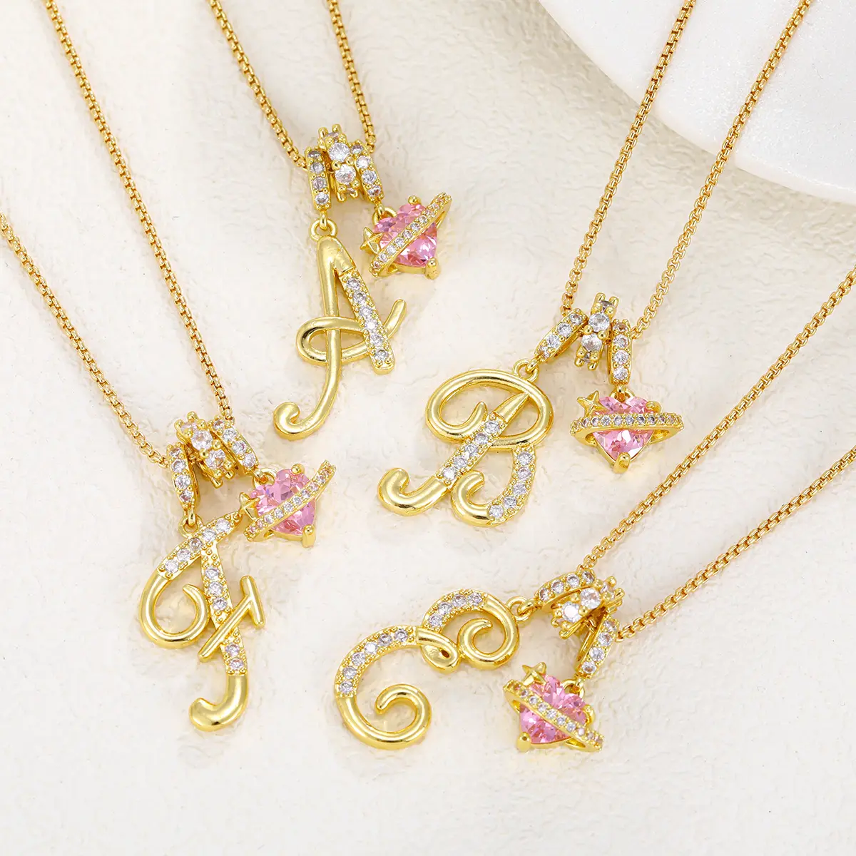 Aesir 18K Gold Plated 3-Layering Initial A-Z Letter Pendant Necklaces for Women Snake Chain Choker Pink Heart Zircon Adjustable Length Necklace Jewelry For Valentine's Day gifts