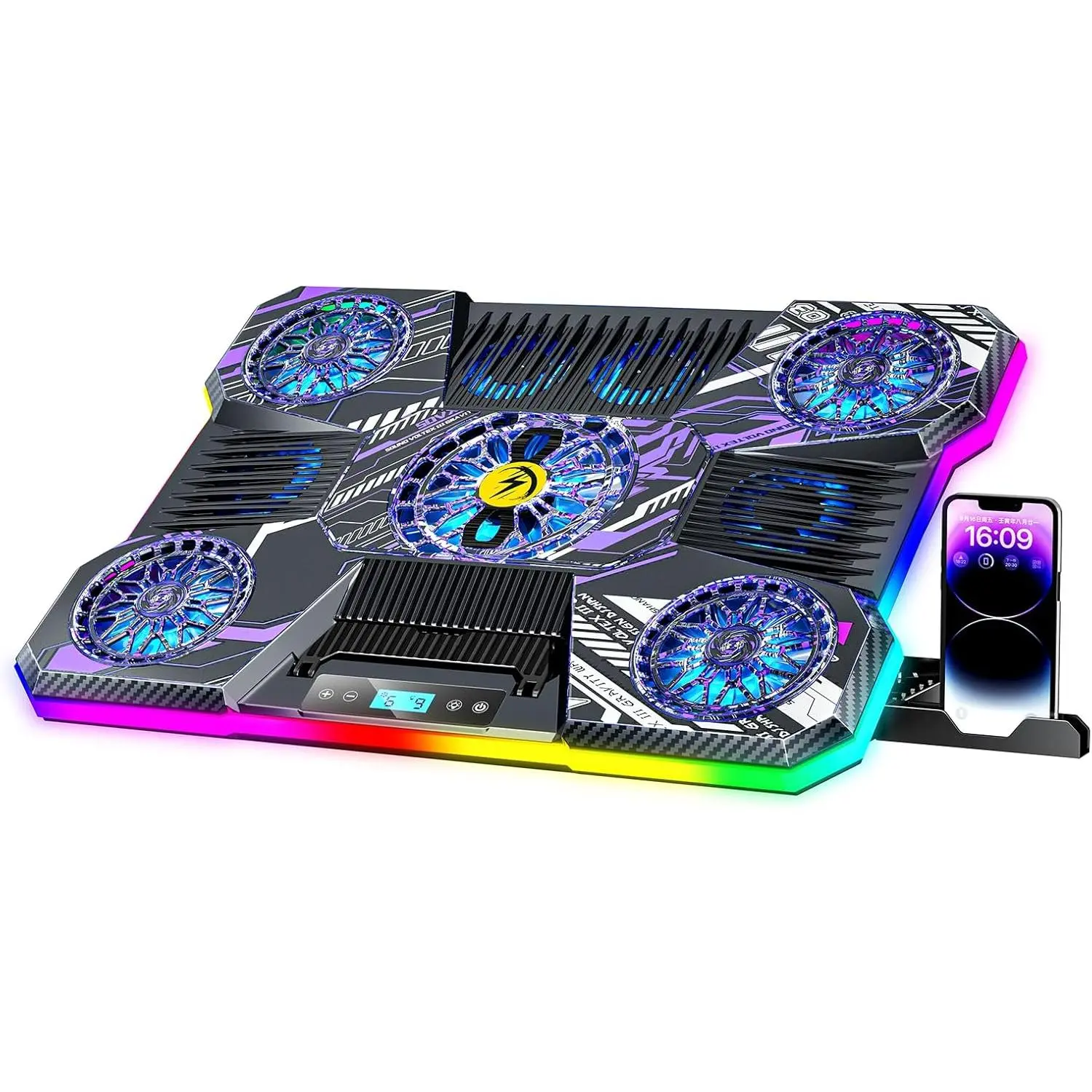RGB Laptop Cooling Pad, Laptop Fan Cooling Pad 9 Fans for 15.6-19.3 Inch Laptops, Gaming Laptop Cooler with 8 Height Stands, 2 USB Ports - A21