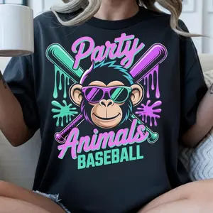 Comfort Colors PartyAnimals Baseball Monkey Shirt, Funny Neon Baseball Mascot Graphic Tee, Cool Sports Fan Gift Shirt, Baseball Party Tee