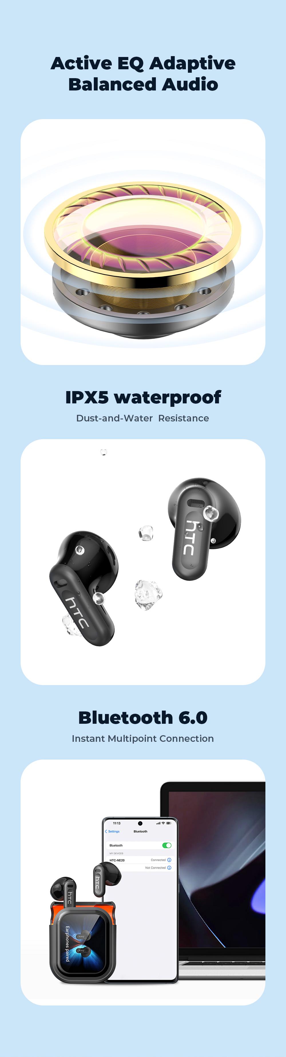HTC NE20 OWS - AI translation earphones, wireless Bluetooth earphones, LED display, Bluetooth 6.0, charging box, IPX5 waterproof. HTC's pinnacle product