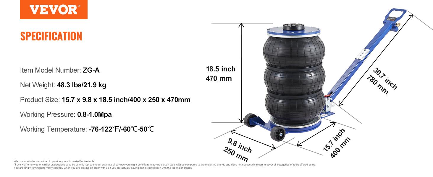 VEVOR Air Jack, Various specifications, Triple Bag Air Jack, Airbag Jack with Six Steel Pipes, Adjustable Handle for Car, Garage, Repair