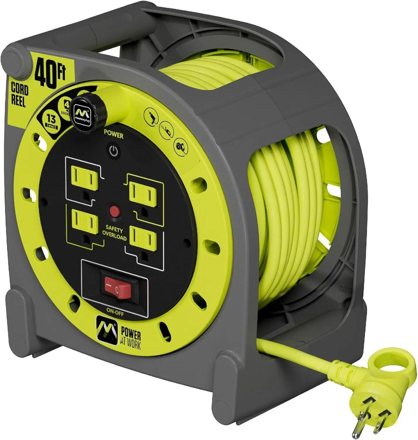 40ft Retractable Case Cord Reel - DIY & Commercial Portable Power Solution, 13A 14AWG Electrical Extension Lead with Winding Handle, Safety Overload Circuit Breaker, 4 Power Outlets, Grounded, High Visibility, Easy to Use Fast Tangle-Free Winding
