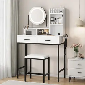 Vanity Desk with Adjustable Rotating Mirror, Makeup Vanity Desk with 3 Color Adjustable Light, Power Outlet & USB, Makeup Table with Storage Shelves, 2 Drawers & Stool for Bedroom, White & Black
