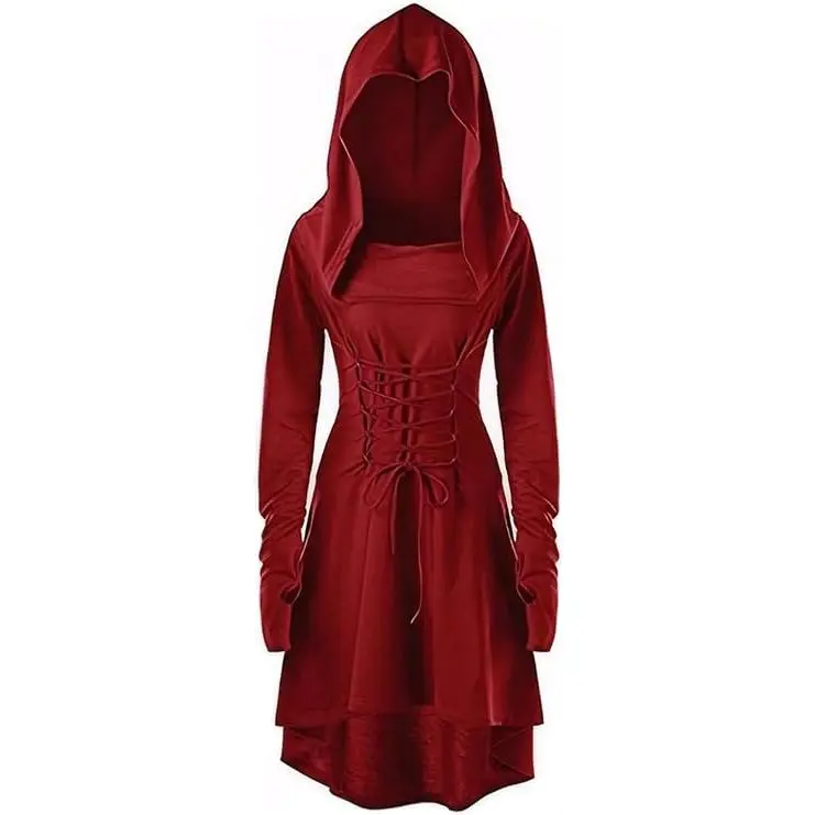 Cicy Bell Women's Renaissance Costumes Hooded Robe Halloween Lace Up Hoodie Dress Vintage High Low Medieval Cloak Grey Fitted Minimalist