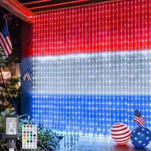 Color Changing Curtain Lights, 256 LED Red White Blue Window Curtain Lights with Remote, 5.16 * 5.24ft Plugin July 4th Window Fairy Light for Christmas July 4th Halloween Bedroom Wedding Home Decor