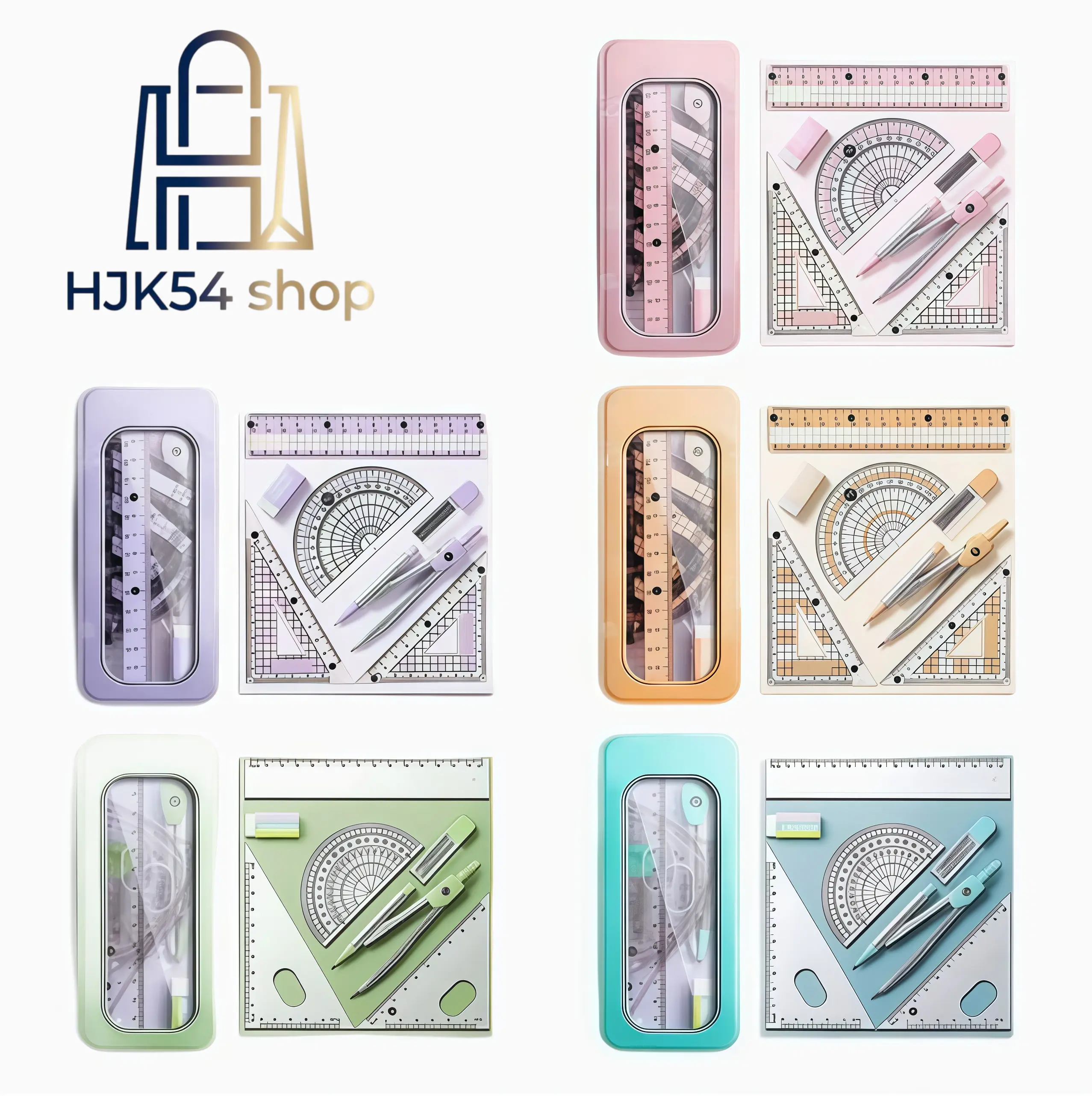 8-Piece Math Geometry Set with Anti-Myopia Rulers, Compass, Cute Pastel Design, Metal Case Drawing Tools for Students, Home Office (Fashion Accessories Stationery Kit)