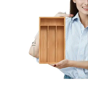 Small Bamboo Kitchen Drawer Organizer, Utensil Holder, Cutlery Tray & Spoon Flatware Storage with Grooved Drawer Dividers
