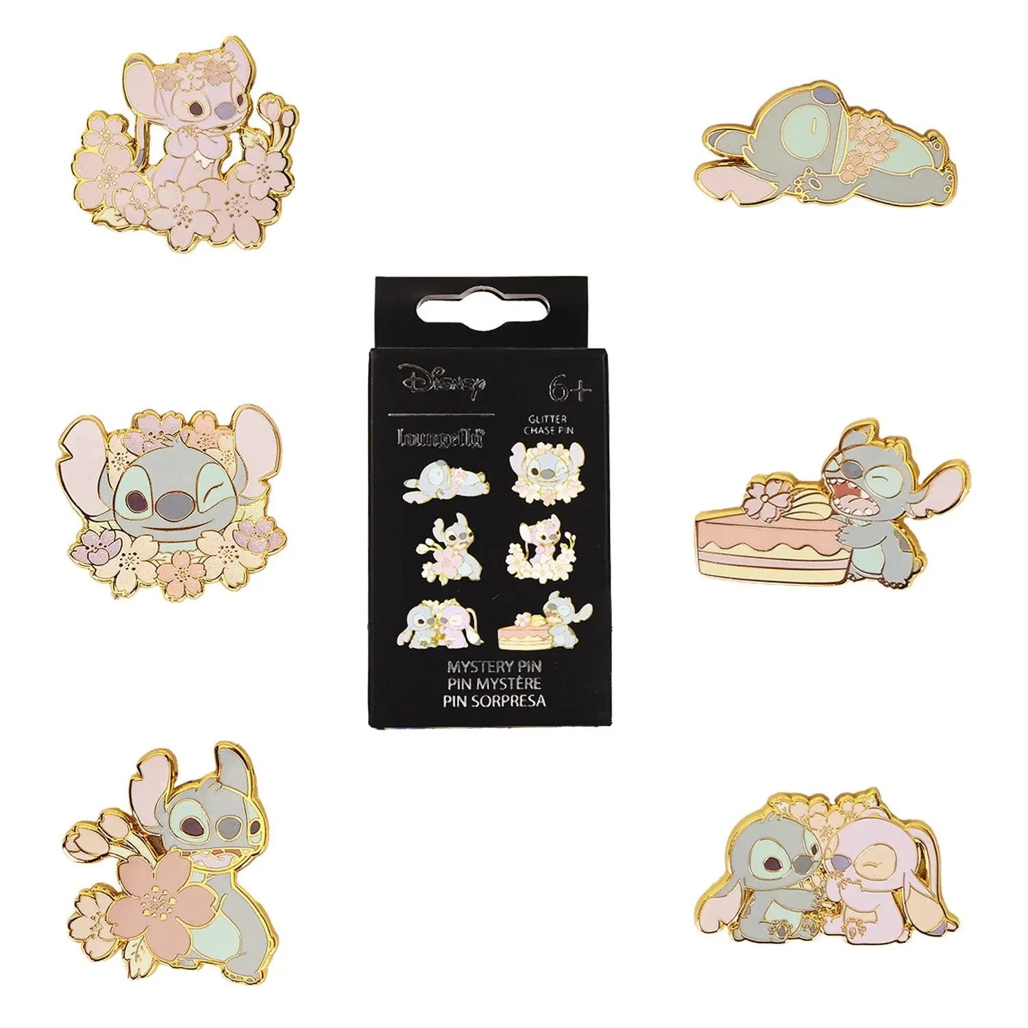 Loungefly Disney Stitch & Angel Cherry Blossom Mystery Box Pin, Stylish Collectible Enamel Lapel Flower Brooch for Casual Wear with Glitter Chase, Collectible Pins, Lapel Pins