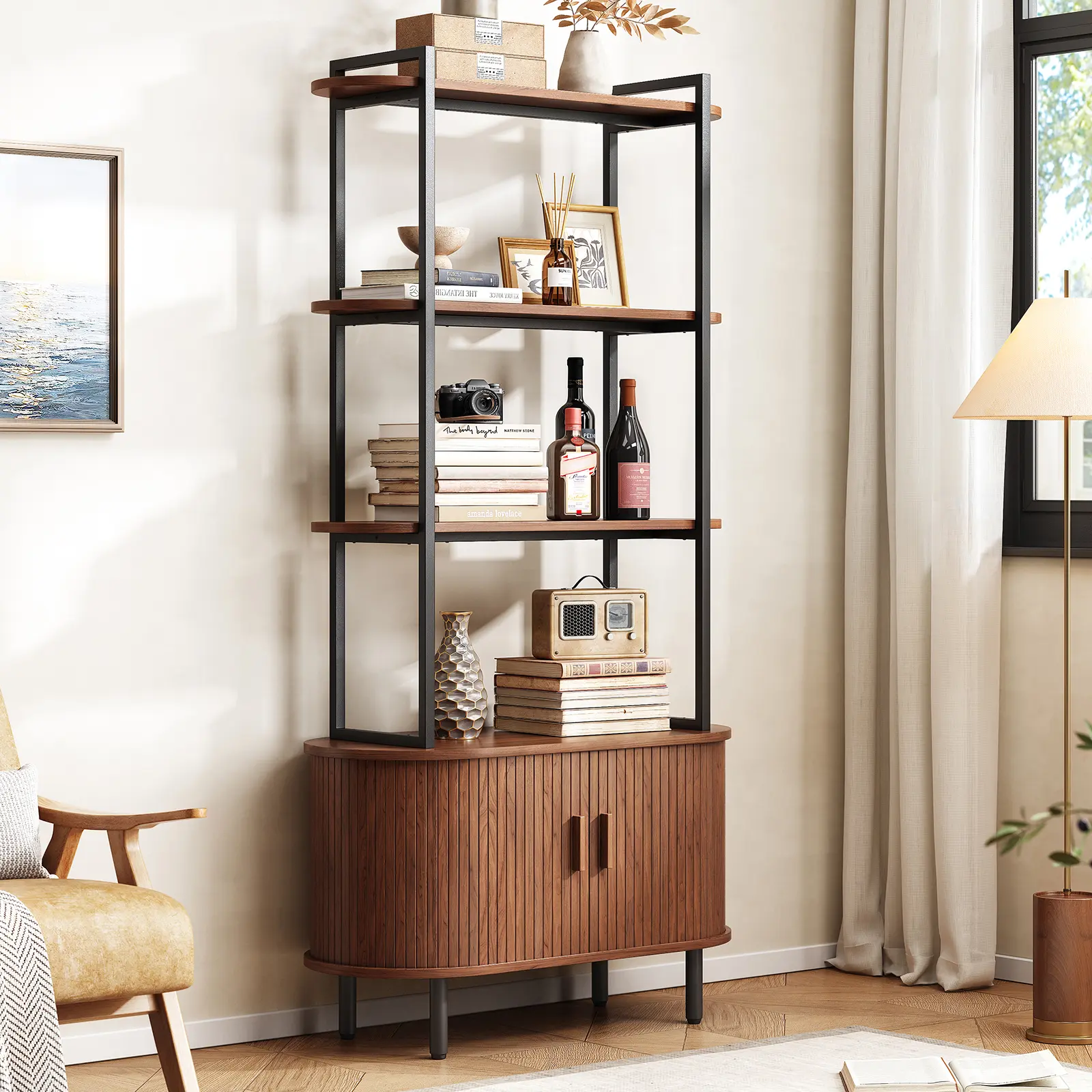 【BackToSchool】ONBRILL 71" Tall 4-Tier Mid-Century Contemporary Wood Bookshelf - Curved Shelves, Storage Cabinet, Sliding Door, Adjustable Footpads - Freestanding Living Room Apartment Furniture, Books Organizer, Shelves for Bedroom
