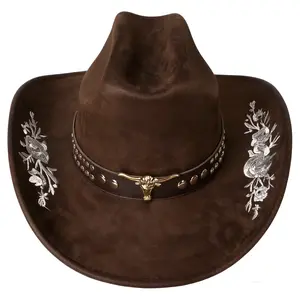 Women Men Embroidery Cowgirl Hat Wide Brim Cattle Head Belted Wool Hat Felt Jazz Cap for Party Cowboy Style Hat Embroidered Caps