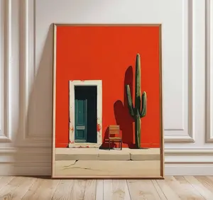 [SALE UP TO 50% + FREE SHIP]  Mexican Wall Art Print, cactus and chair poster, bold red minimal architecture artwork, desert boho home decor for living room or
