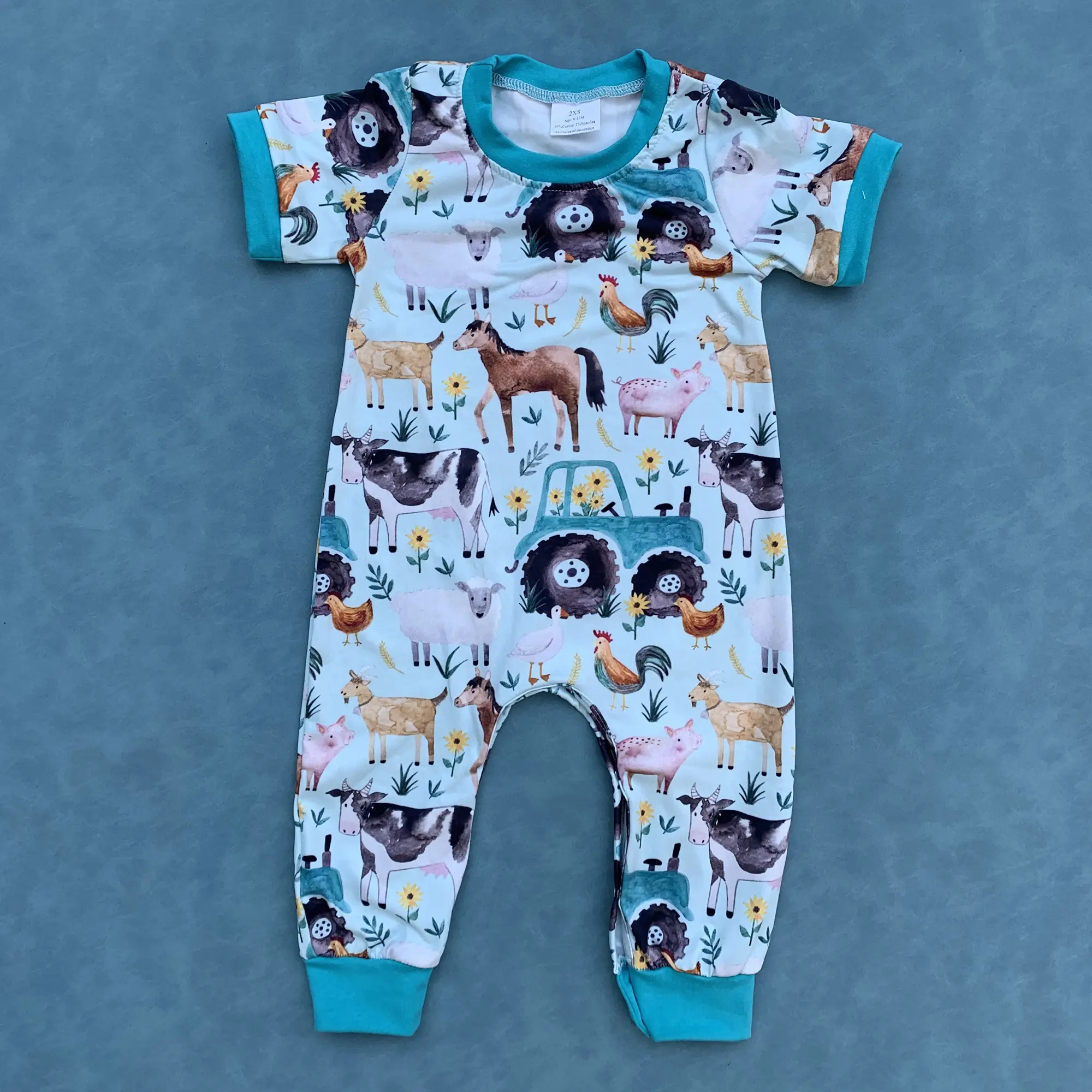 Farm animal cow horse chicken baby boy summer romper
