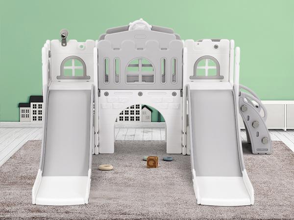 9 in 1 Toddler Slide Set with Double Slides Climber Basketball Hoop Tunnel Telescope Storage Non-Slip Steps Indoor Outdoor Playset for Toddlers Age 1-3+