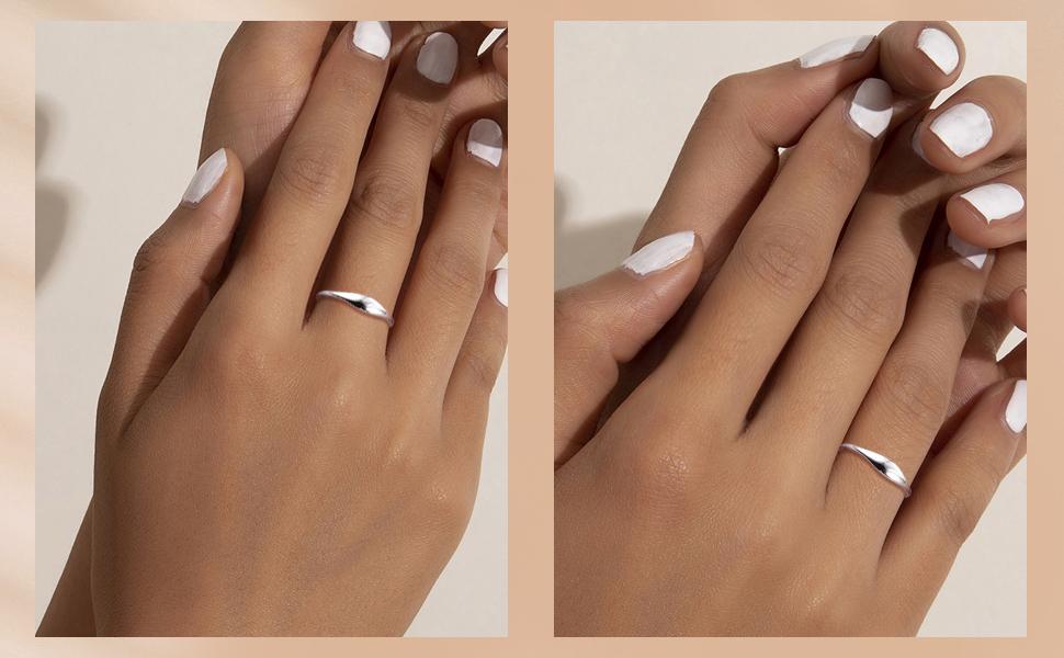 MILACOLATO 925 Sterling Silver Rings for Women 18K White Gold Plated Dome Oval Plain Signet Rings Tarnish Resistant Stackable Statement Band Thumb Rings Comfort Fit Size 5-10