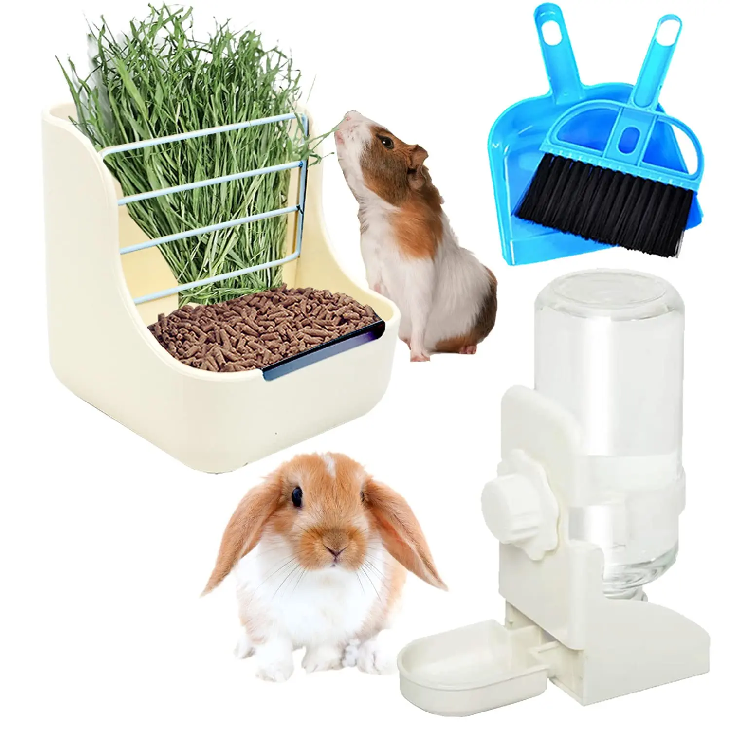 4 Pcs Rabbit Feeder and Water Bottle Set,Including Durable Hay Food Bin Feeder,Food Bowl,Gravity-Fed Water Dispenser for Rabbit,Guinea Pig,Chinchilla,with Broom and Dustpan,Hand Tools Kits