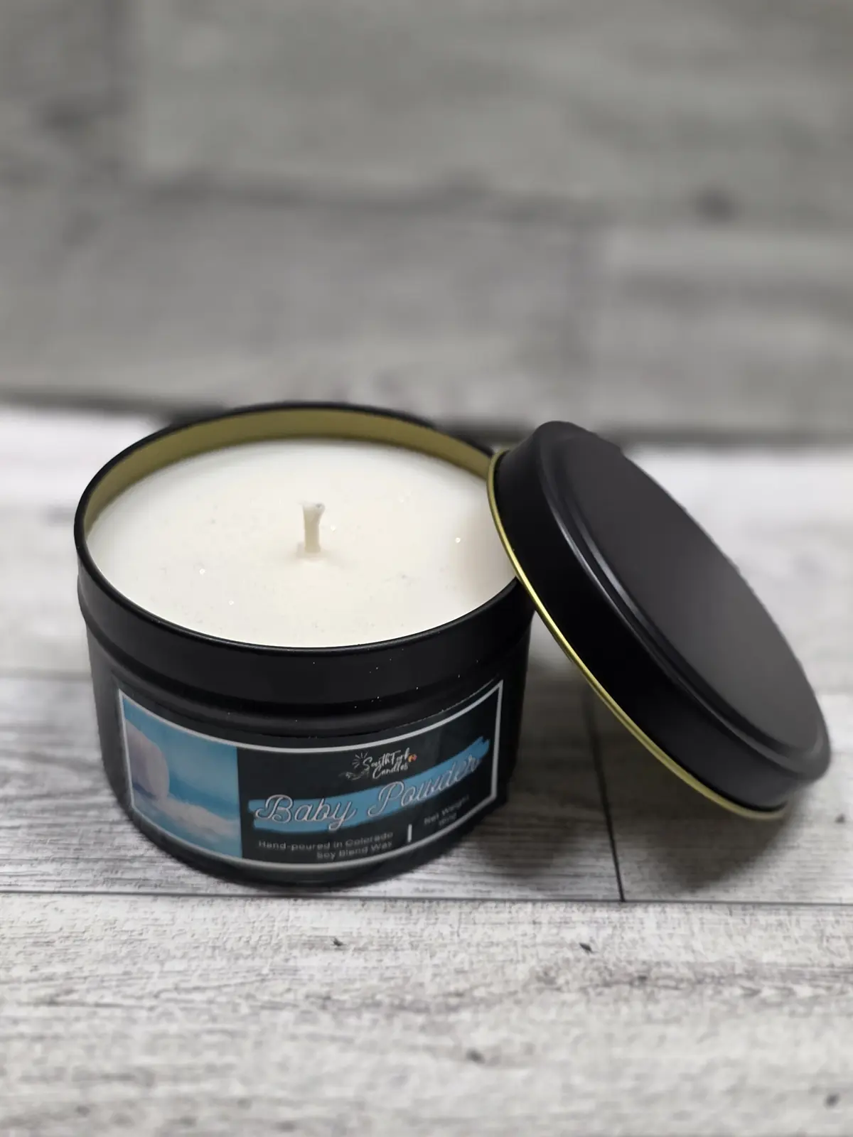 Baby Powder Scented Candle, 8oz Black Tin | Clean Burn, 38–40 Hours