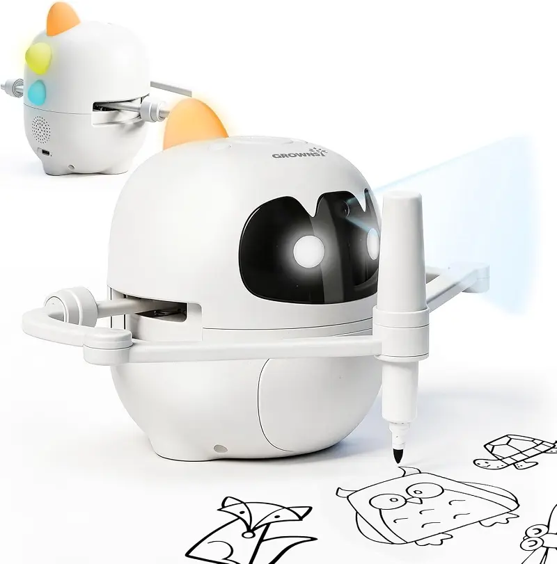 Grownsy Drawing Robot for Kids, Voice Interactive Smart Educational Drawing Machine with 150 Themed Cards 12 Washable Markers 5 Drawing Pens & Reusable Board, Montessori Painting Learning Toy for 3+ Toddlers Boys Girls