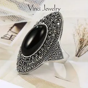 925 Sterling Silver Vintage Retro Cocktail Statement Ring Black Agate / Onyx / Obsidian Ring with Black Cubic Zirconia Surrounded Decor, Antique Silver Big Black Stone Ring Victorian Style Jewelry for Women and Men